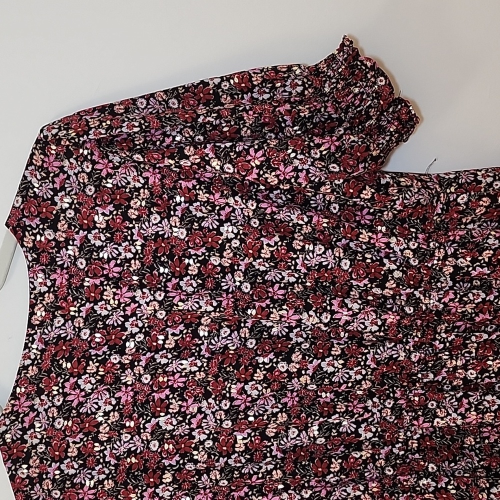 Aqua Red Gold Pink Floral Puff Short Sleeve Boho Midi Dress SZ M - Picture 13 of 16